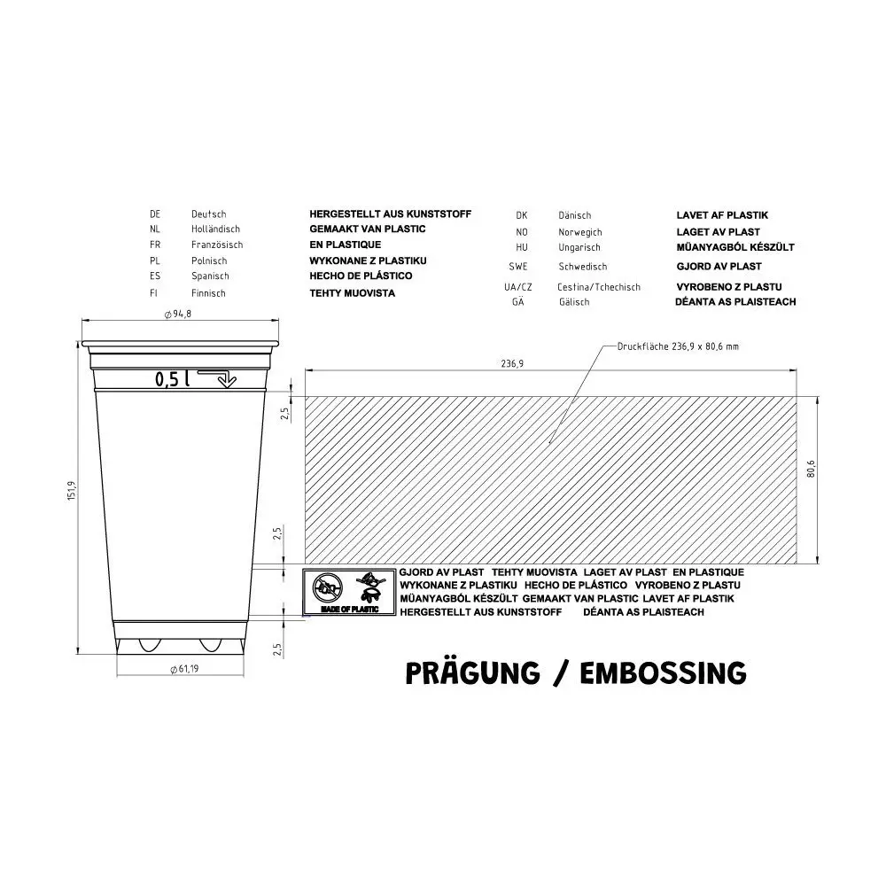 PLA-Klarbecher 500 ml / 20 oz, Ø 95 mm