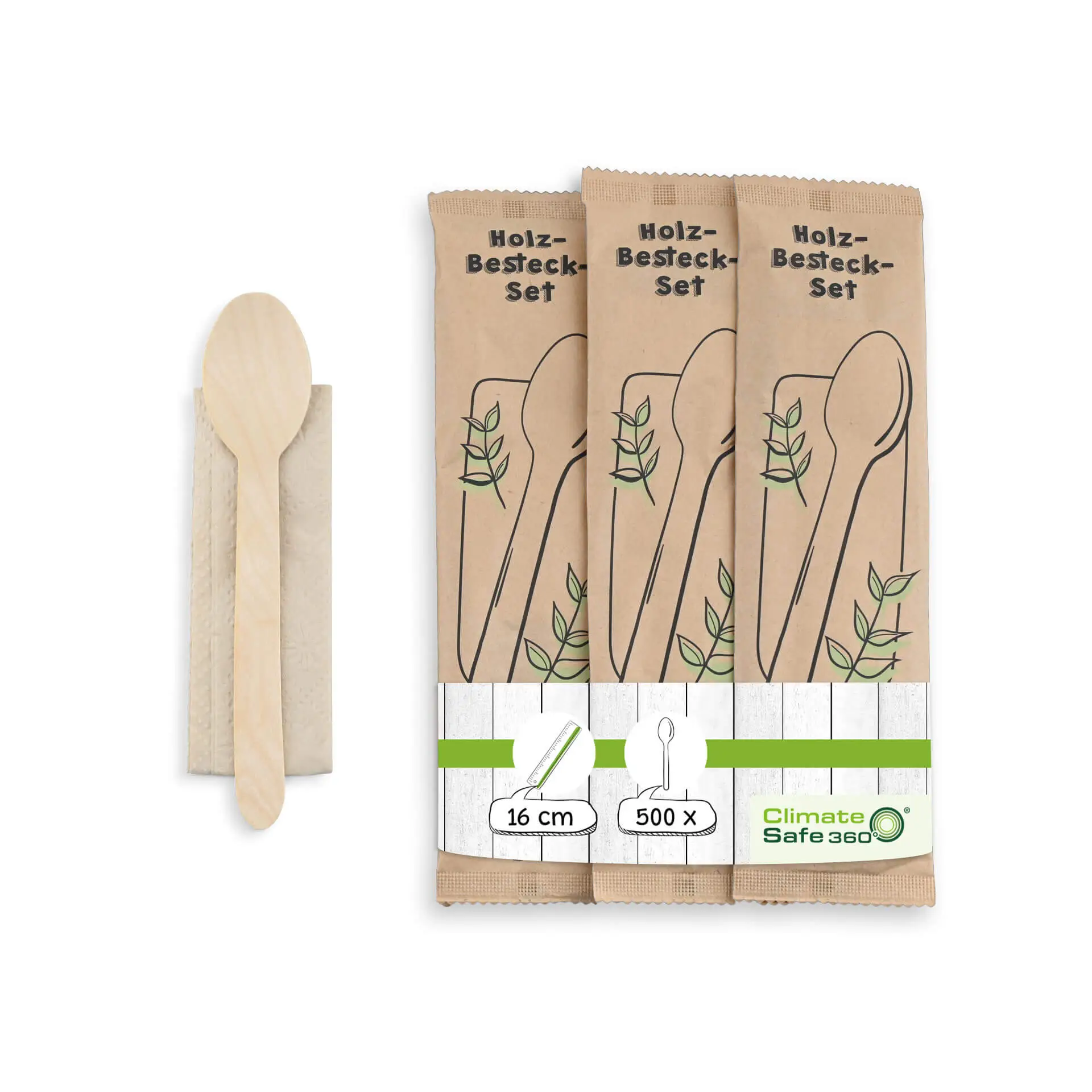 Kit de couverts en bois cuillère & serviette, 16 cm, revêtement bio