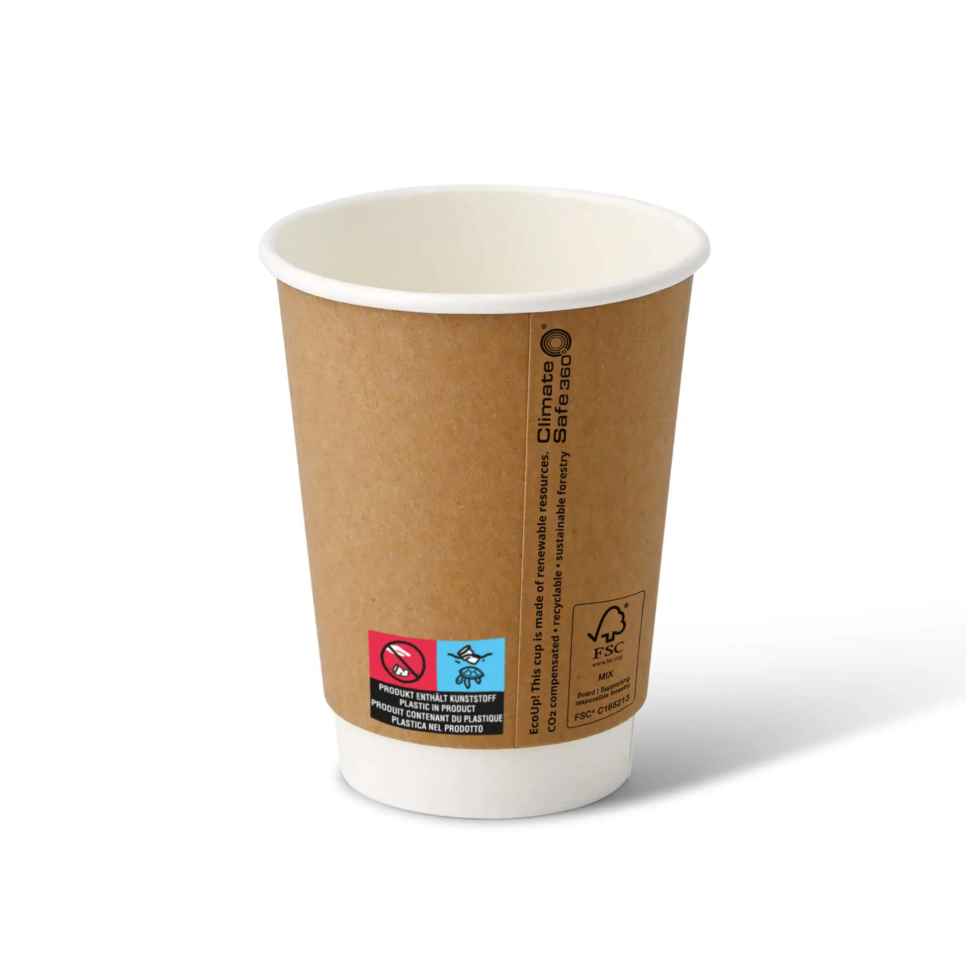 Coffee to go Becher aus Pappe (beschichtet) doppelwandig, 300 ml / 12 oz, Ø 90 mm, braun, innen weiss