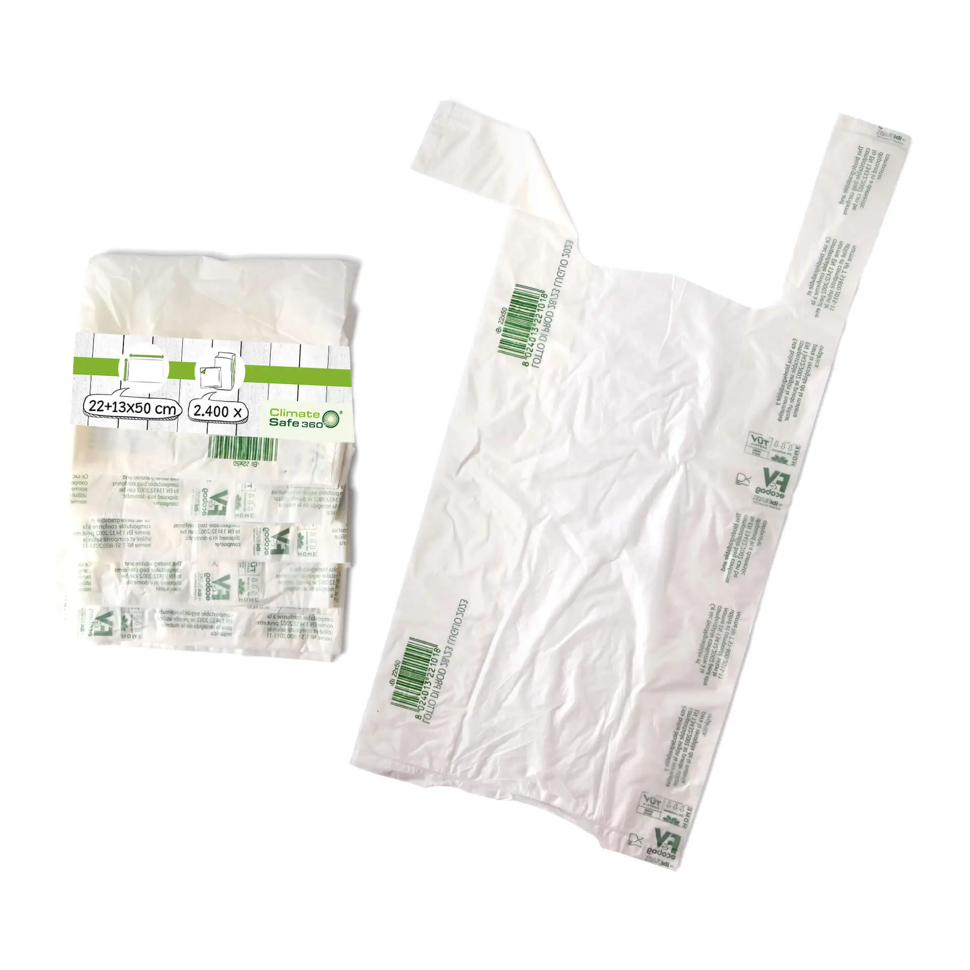 Sac bretelles Mater-Bi® en rouleau de 200 pcs., 22 + 13 x 50 cm