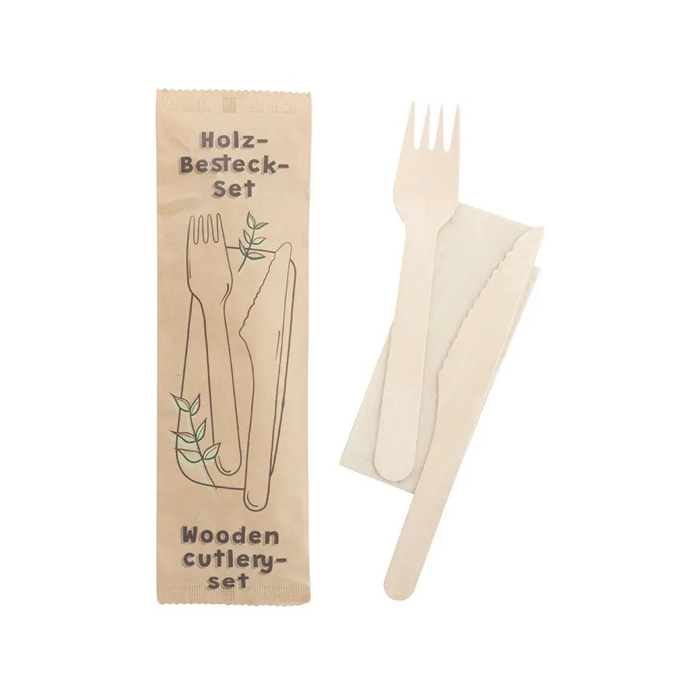 Kit de couverts en bois couteau, fourchette & serviette, 16 cm, revêtement bio