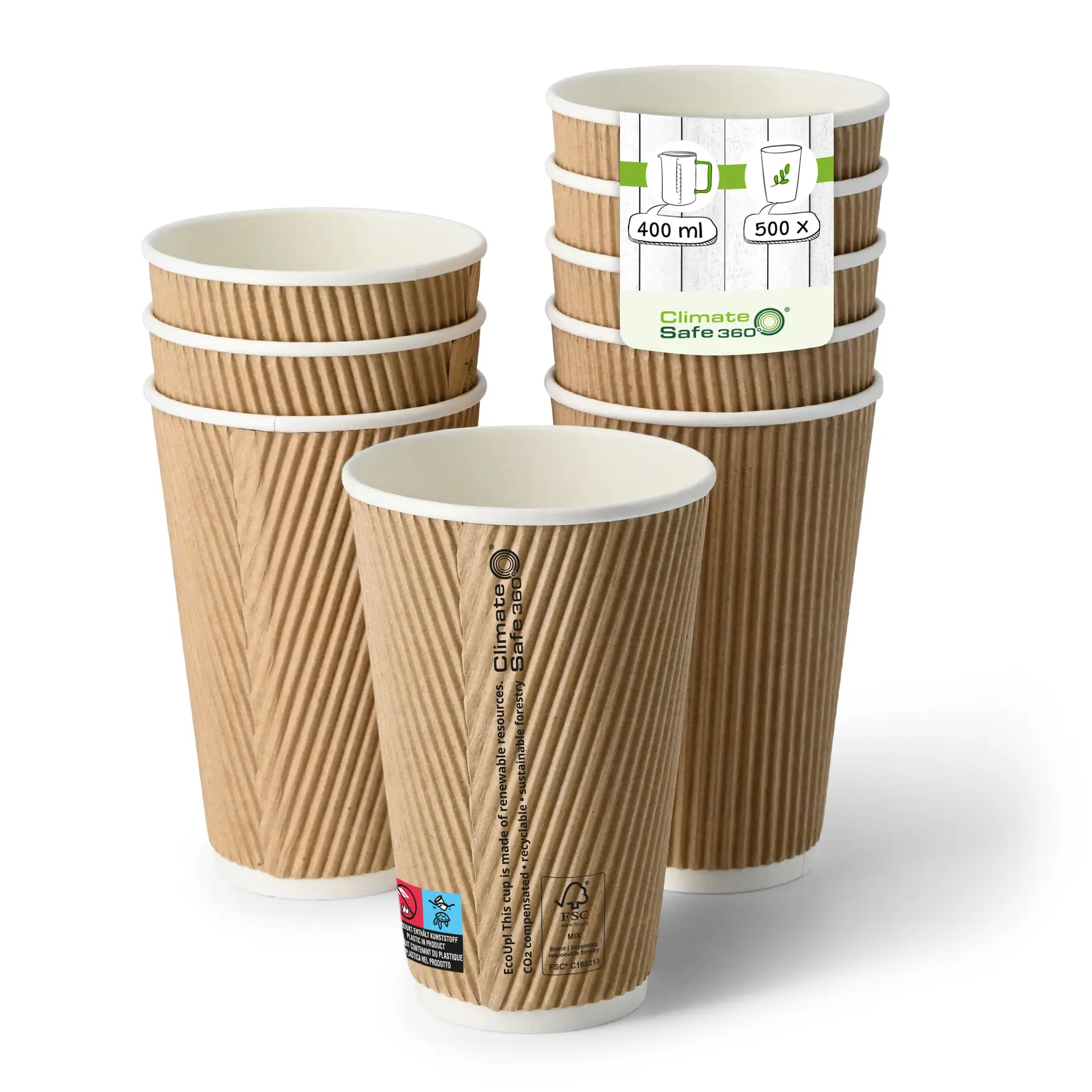 Riffelbecher (beschichtet) / Coffee to go Becher 400 ml / 16 oz, Ø 90 mm, braun, innen weiss